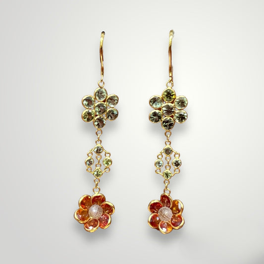 Multi-colored Sapphire Flower Earrings in 18k Gold