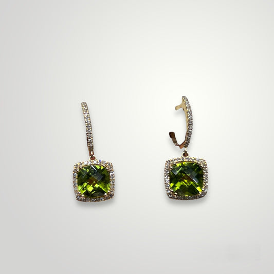 Cushion-cut Peridot with Diamond Frame Dangle Earrings in 14k Gold