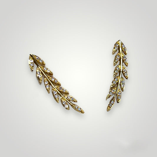 Diamond Leaf Climber Earrings in 14k Gold