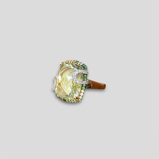 Lemon Quartz Ring with Green Garnet & Yellow Sapphire Frame in 14k Gold