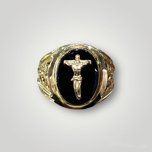 Black Onyx Crucifix Ring in 14k Gold