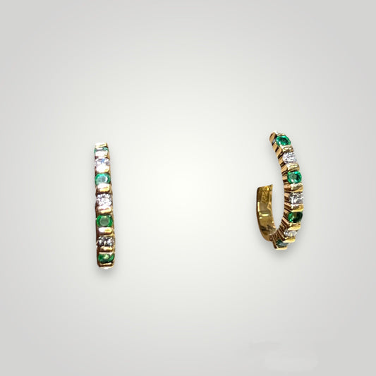 Emerald & Diamond Hoop Earrings in 14k Gold