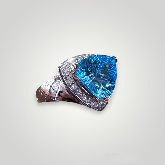 Laser Cut Trillion Blue Topaz with Diamond Frame in 14k White Gold