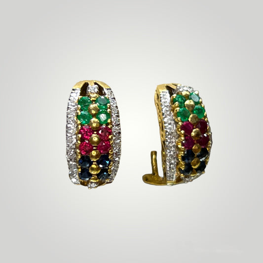 Emerald, Sapphire, Ruby, and Diamond Omega Earrings - Q&T Jewelry