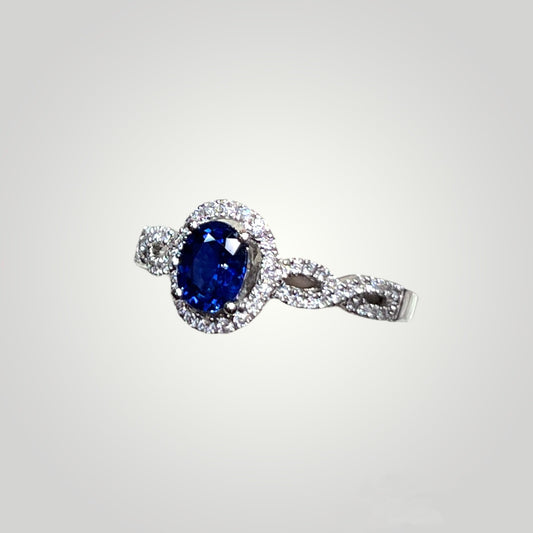 Oval Sapphire with Halo and Diamond Infinity Band - Q&T Jewelry