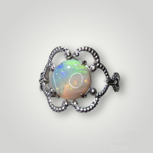 Opal Flower Milgrain Framed Ring in 14k White Gold