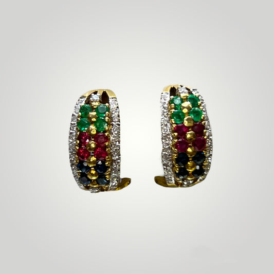 Emerald, Sapphire, Ruby, and Diamond Omega Earrings - Q&T Jewelry