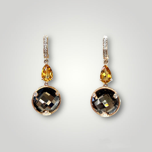 Smoky Quartz & Citrine Dangle Earrings with Diamond Accents  in 14k Rose Gold