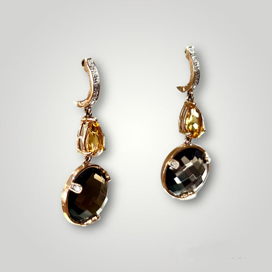 Smoky Quartz & Citrine Dangle Earrings with Diamond Accents  in 14k Rose Gold