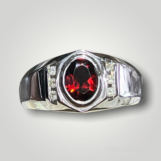 Men's Ring - Diamond/Garnet 14K White Gold - Q&T Jewelry