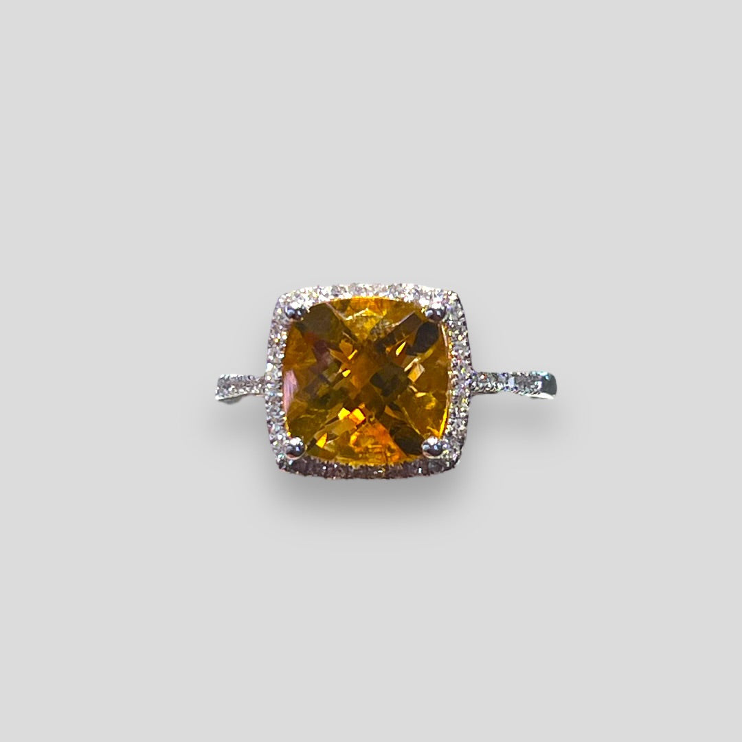 Cushion Citrine with Diamond Band & Halo