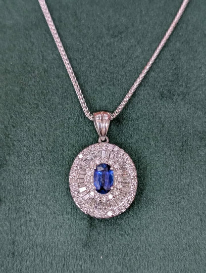 14K White Gold Oval Blue Sapphire & Diamond Halo Necklace