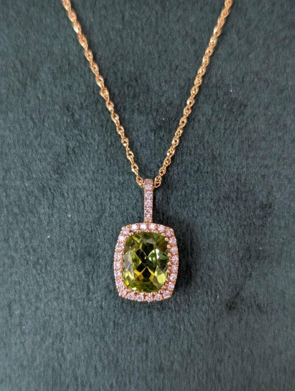 Cushion-cut Peridot Necklace with Diamond Halo in 14k Gold