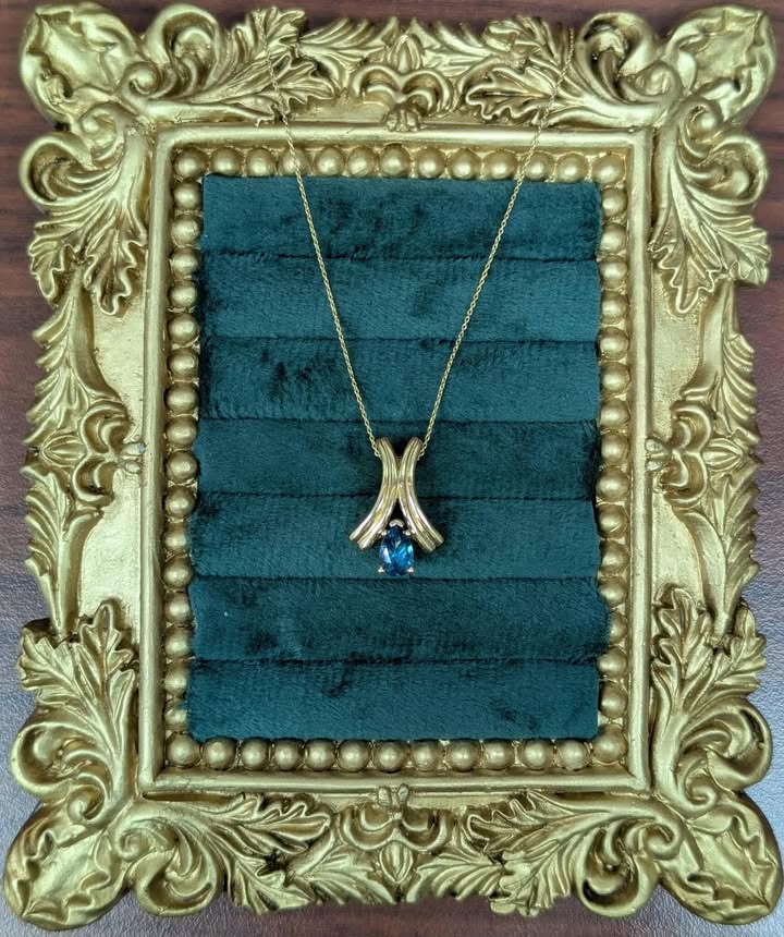 Art Deco Flared London Blue Topaz Necklace in 14k Gold