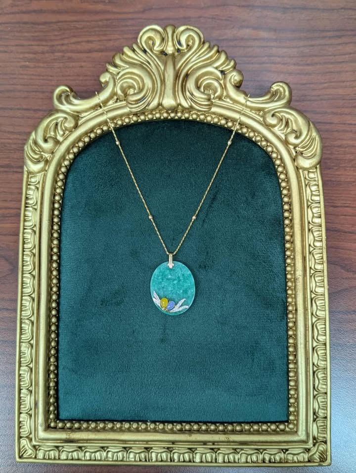 Oval Jade Pendant Necklace with Mutlicolored Jade & Diamond Accents in 14k Gold