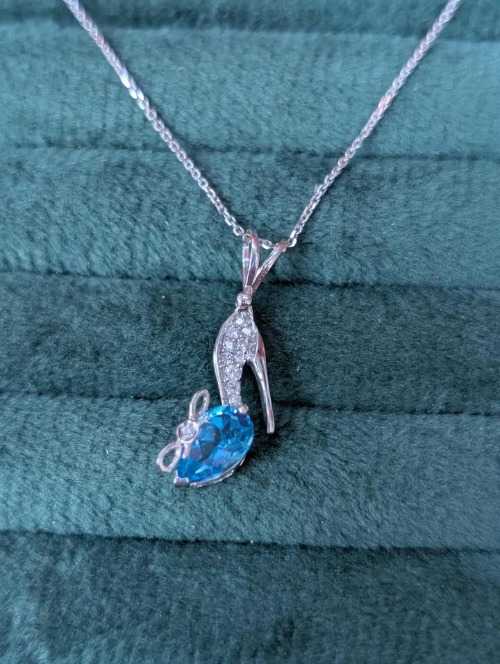 14K White Gold Blue Topaz & Diamond Accented "Slipper" Necklace
