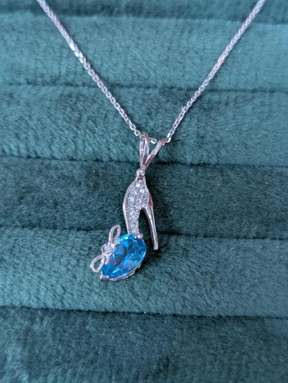14K White Gold Blue Topaz & Diamond Accented "Slipper" Necklace