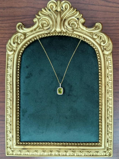 Cushion-cut Peridot Necklace with Diamond Halo in 14k Gold