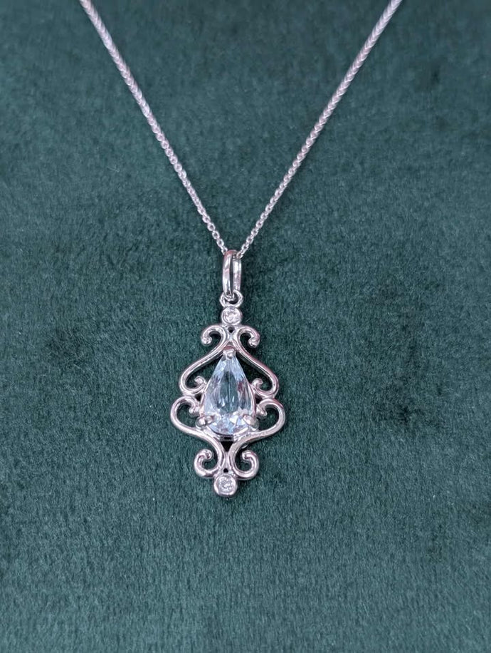 14k White Gold Aquamarine Necklace with Diamond Accents