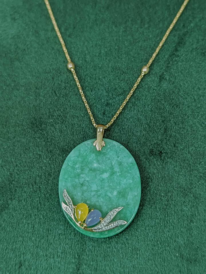 Oval Jade Pendant Necklace with Mutlicolored Jade & Diamond Accents in 14k Gold