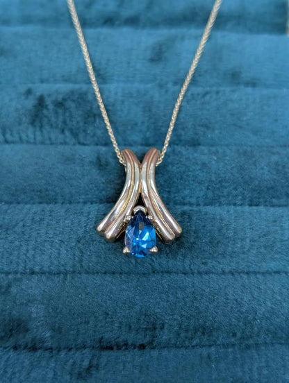 Art Deco Flared London Blue Topaz Necklace in 14k Gold