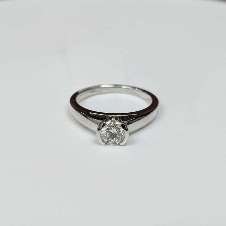 0.71CT Diamond Solitaire Engagement Ring in 14k White Gold with Half Bezel
