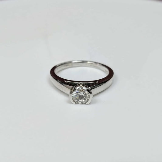 0.71CT Diamond Solitaire Engagement Ring in 14k White Gold with Half Bezel