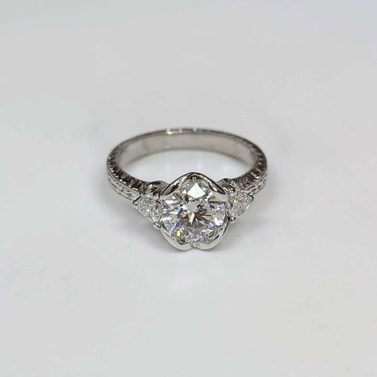 1.50 CT Round-cut Lab Created Three Stone Diamond Engagement Ring on Engraved Band in 14k White Gold