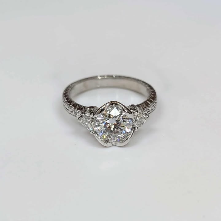 1.50 CT Round-cut Lab Created Three Stone Diamond Engagement Ring on Engraved Band in 14k White Gold