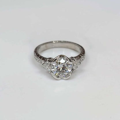 1.50 CT Round-cut Lab Created Three Stone Diamond Engagement Ring on Engraved Band in 14k White Gold