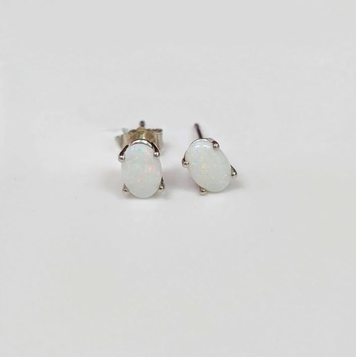 Oval Opal Stud Earrings in 14k White Gold