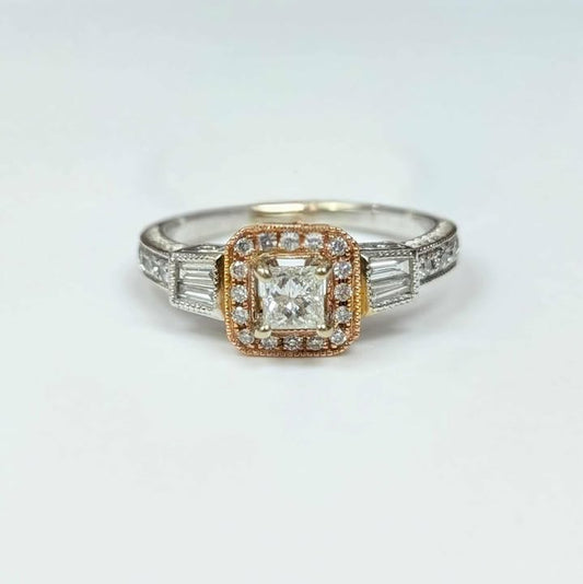 0.60 CT.T.W. Engraved Princess-cut Diamond Engagment Ring in 14k White Gold with Rose Gold Milgrain Frame
