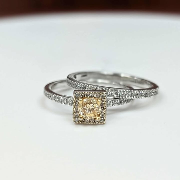 1.29 CT.T.W. Round-cut Yellow Diamond with White Diamond Square Frame in 14k Two Toned Gold on Eternity Milgrain Bands