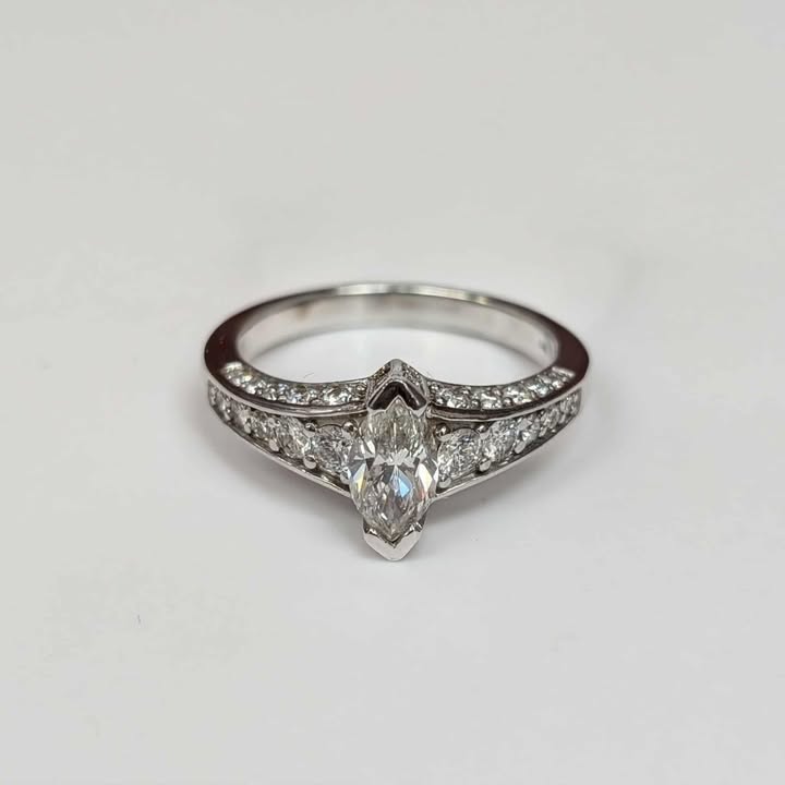 1.31 Marquis-cut Diamond Engagement Ring with Tapered Channel Set Diamond Band & Side Diamonds in 14k White Gold