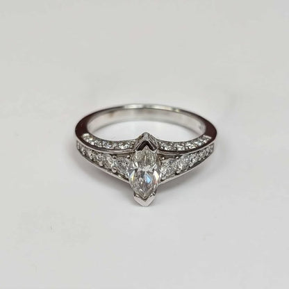 1.31 Marquis-cut Diamond Engagement Ring with Tapered Channel Set Diamond Band & Side Diamonds in 14k White Gold