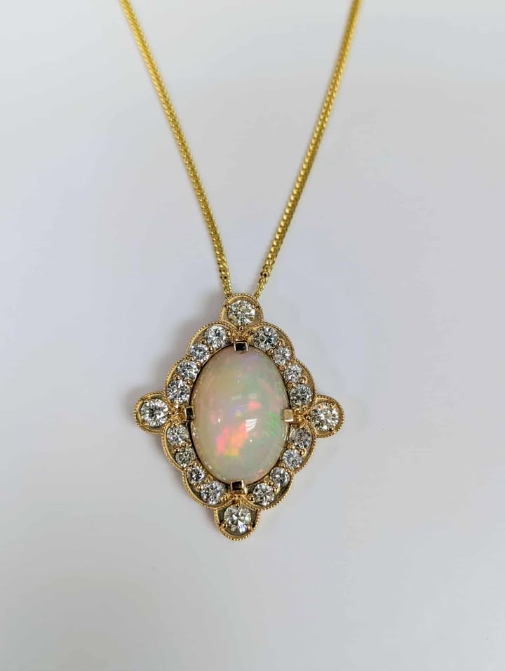 Ethiopian Opal and Diamond Framed Necklace in 14k Gold