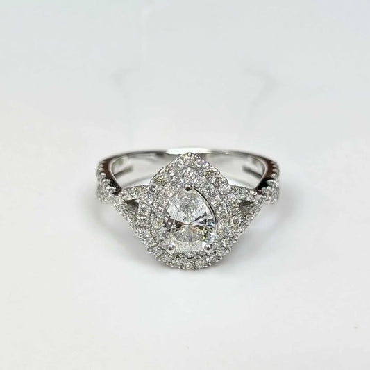 1.26 CT.T.W. Double Framed Pear-cut Diamond Engagement Ring in 14k White Gold with Twist Shank