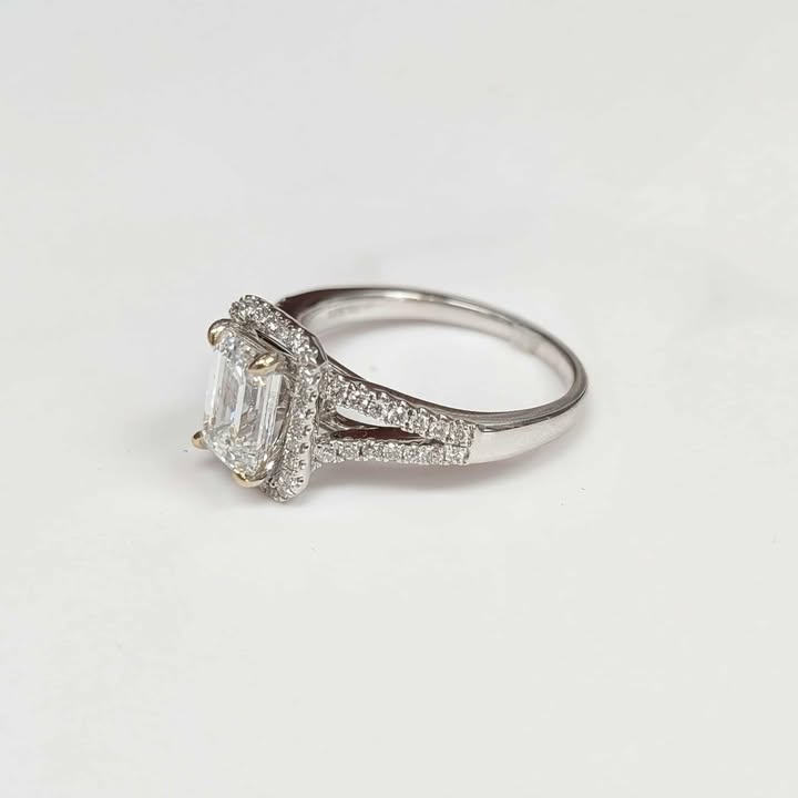 1.54 CT.T.W. Emerald-cut Floating Frame Lab Created Diamond Engagement Ring with Split Sank in 14k White Gold with Yellow Gold Prongs