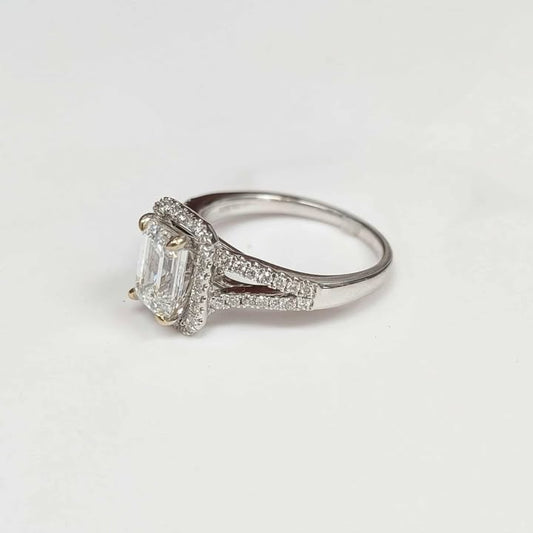 1.54 CT.T.W. Emerald-cut Floating Frame Lab Created Diamond Engagement Ring with Split Sank in 14k White Gold with Yellow Gold Prongs