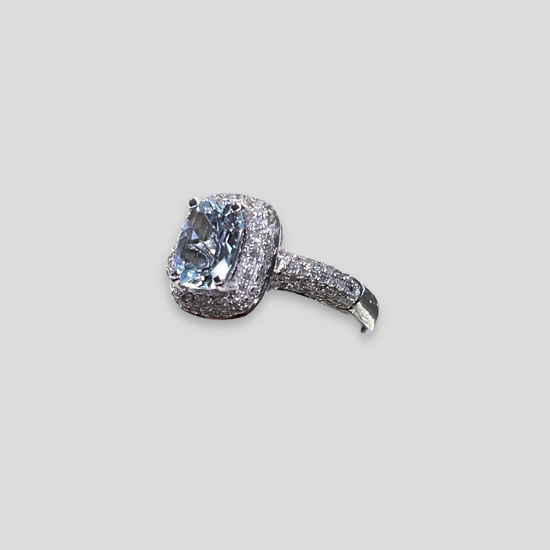 Aquamarine & Pavé Diamond Halo Ring