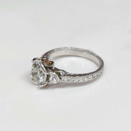 1.50 CT Round-cut Lab Created Three Stone Diamond Engagement Ring on Engraved Band in 14k White Gold