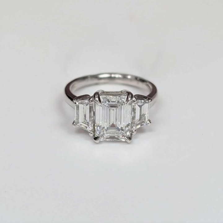 4.61 CT.T.W. Three Stone Emerald Cut Lab Created Diamond Ring in 14k White Gold