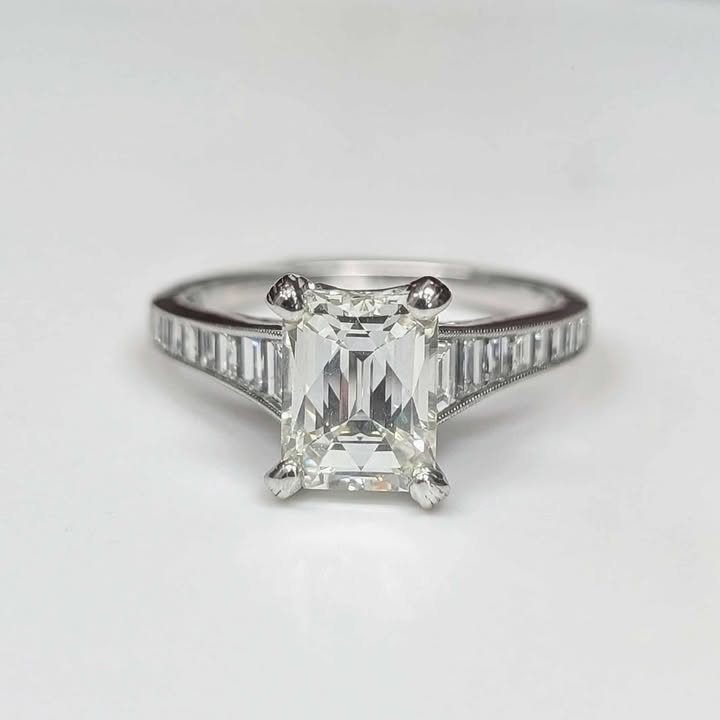 1.97 Modified Emerald-Cut Diamond Engagement Ring with Hidden Halo, Side Accent Diamonds, Baguette Band, and Milgrain Details in 14k White Gold