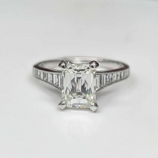 1.97 Modified Emerald-Cut Diamond Engagement Ring with Hidden Halo, Side Accent Diamonds, Baguette Band, and Milgrain Details in 14k White Gold