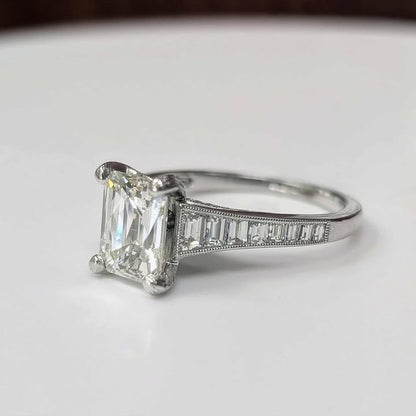 1.97 Modified Emerald-Cut Diamond Engagement Ring with Hidden Halo, Side Accent Diamonds, Baguette Band, and Milgrain Details in 14k White Gold