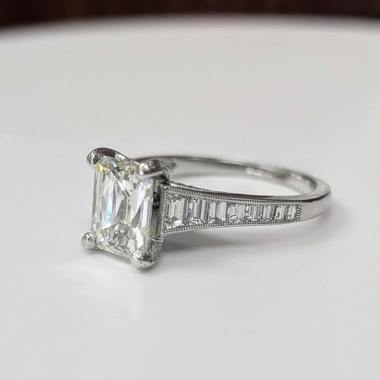 1.97 Modified Emerald-Cut Diamond Engagement Ring with Hidden Halo, Side Accent Diamonds, Baguette Band, and Milgrain Details in 14k White Gold