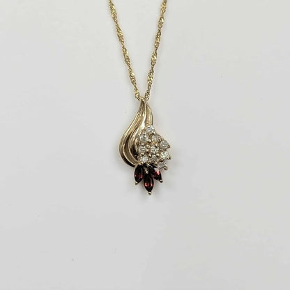 Garnet & Diamond Leaf Necklace in 14k Gold