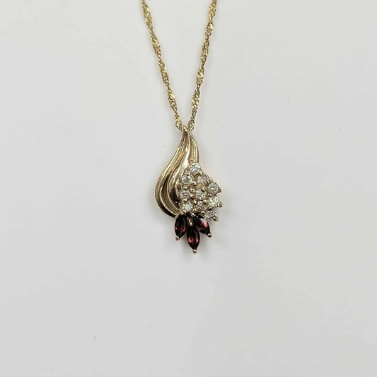 Garnet & Diamond Leaf Necklace in 14k Gold