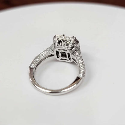 2.61 CT.T.W Cushion-cut Lab Created Diamond Engagement Ring with Natural Earth-Mined Diamond Frame, Side Accents, Double Claw Prongs and Milgrain Details in 18k White Gold