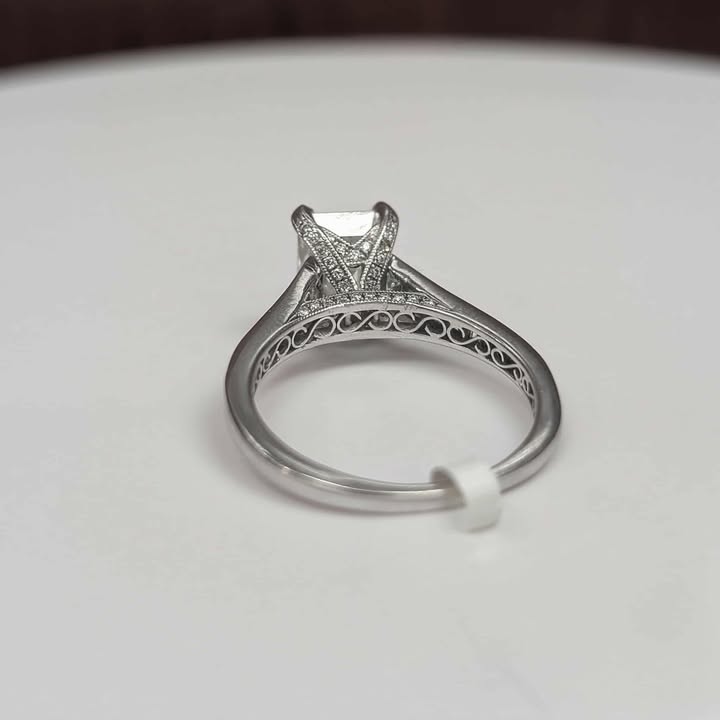 1.97 Modified Emerald-Cut Diamond Engagement Ring with Hidden Halo, Side Accent Diamonds, Baguette Band, and Milgrain Details in 14k White Gold